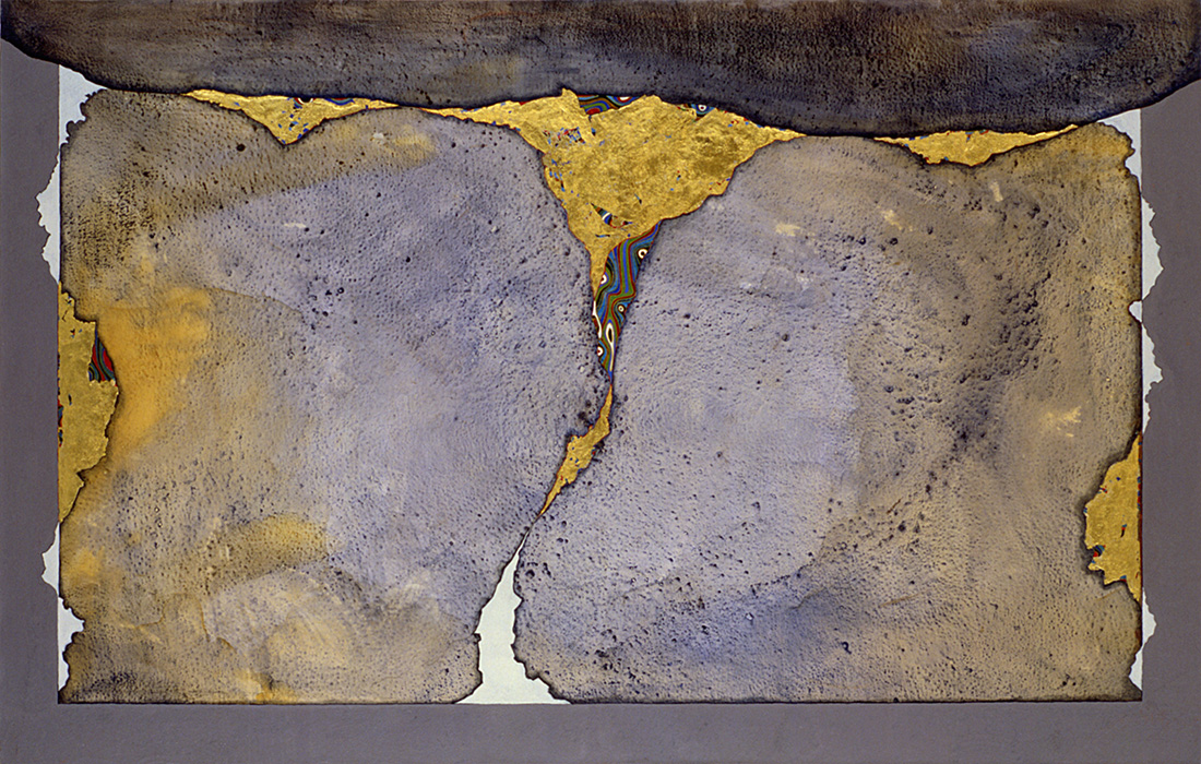 Horizontal abstract painting with reference to a lansdcape. Oil on canvas with gold leaf. Blue, grey and yellow colors. Title: Landscape on many levels